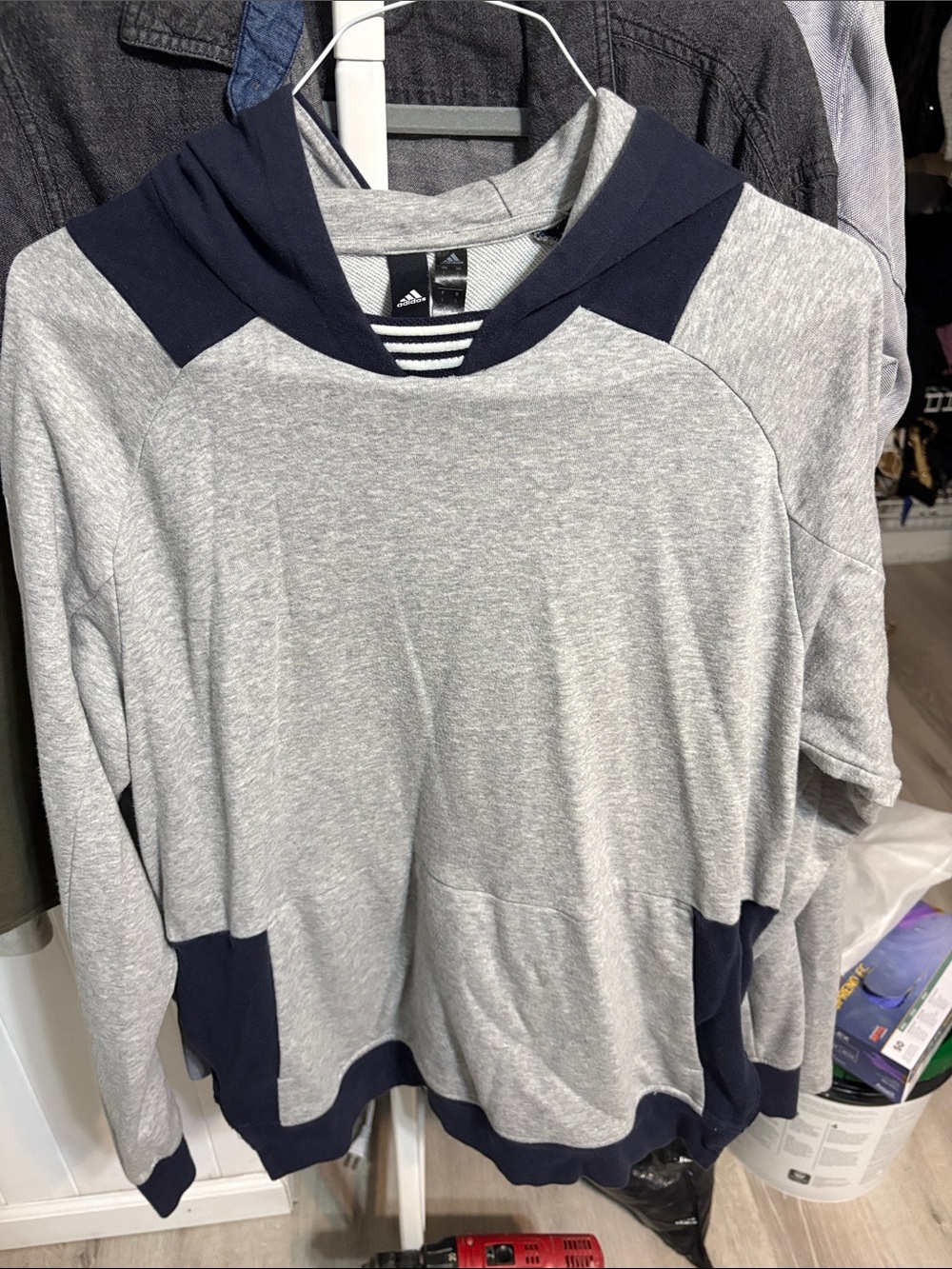 adidas Men’s Gray Hoodie with Navy Trim Zip-Up